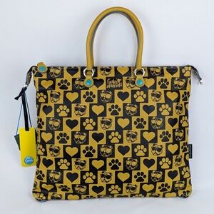 GABS Convertible Tote Backpack Leather Denim Bulldog Paw Heart Mustard Blue NWT